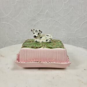 VTG Dairy Cow Butter Dish Pink Ceramic Handmade Ribbed Base Bea Cox Studio Art